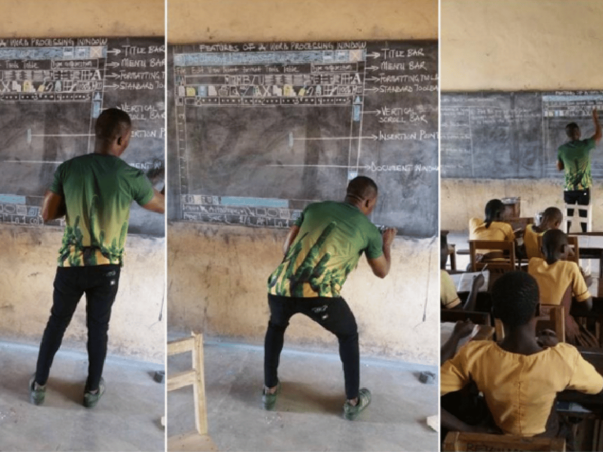 [Ghana] Un profesor enseña informática en el pizarrón porque la escuela no tiene computadoras